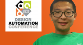 A man in a green shirt is standing in front of an orange background with the design automation conference logo.