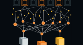 An illustration of a network of orange and yellow cubes.