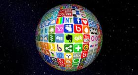 A sphere with many different social icons on it.