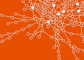 A network of dots on an orange background.