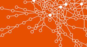 A network of dots on an orange background.