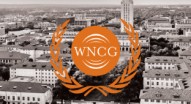 The wncg logo with a city in the background.
