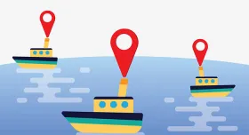 A group of boats in the water with gps pins on them.