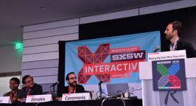 A group of people standing at a podium at sxsw interactive.
