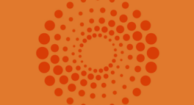 A circular logo with dots on an orange background.